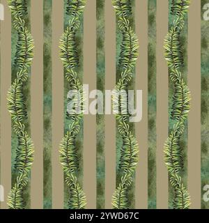 Rami di abete verde natalizio con un motivo senza cuciture su sfondo marrone. Illustrazione ad acquerello con rami di albero sempreverde per carta da imballaggio, Foto Stock