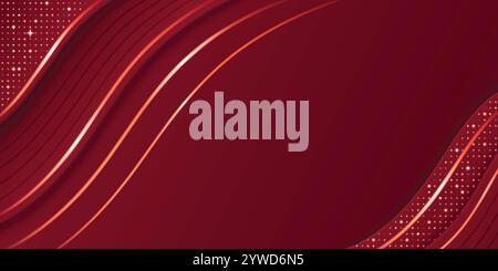 Sfondo rosso di lusso con linee dorate curve e motivo a punti luminosi. Onde sfumate Bordeaux scuro decorate con accenti scintillanti. Elegante cerimonia di premiazione per presentazioni di qualità superiore. Illustrazione Vettoriale