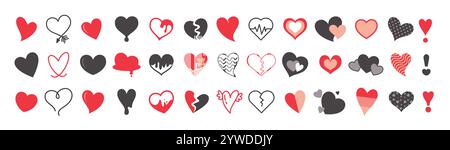 Icona cuore simbolo clipart set di san valentino. Forma a cuore d'amore rosso e nero con decorazioni semplici per matrimoni e anniversari romantici Illustrazione Vettoriale