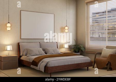 Una comoda camera da letto contemporanea con un comodo letto con biancheria dai colori minimalisti, pavimento in parquet, una cornice bianca a quadri alle pareti e stile Foto Stock