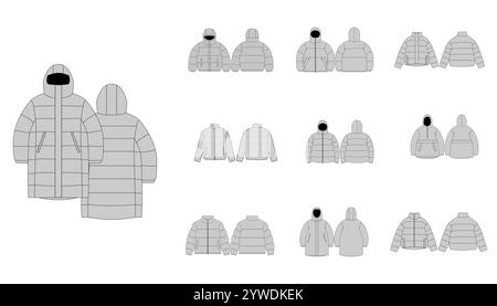 Set di giubbotto invernale Puffer - Gilet imbottito trapuntato con tasca - Cappotto piumino oversize con cappuccio illustrazione tecnica alla moda - fronte e Ba Illustrazione Vettoriale