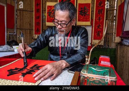 Vietnam, Hanoi, 2024-02-14, Tet festival, Capodanno cinese, vecchio con barba bianca, calligrafia, calligrafo, tempio della letteratura, clo tradizionale Foto Stock