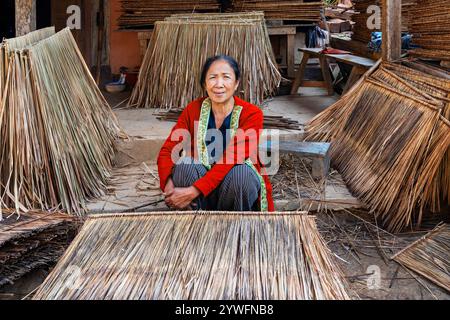 Donna del posto con stuoie di paglia che vengono utilizzate per asciugare le alghe a Luang Prabang, Laos Foto Stock