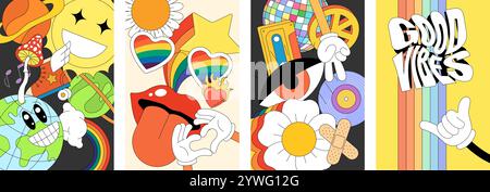 Poster ispirati agli hippie con sfondi psichedelici retrò. Camomilla sinuosa con altri audaci elementi decorativi anni '70. Illustrazione astratta vintage con design vivaci Illustrazione Vettoriale