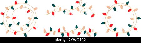 Luci di Natale impostate. Ghirlande rotonde aggrovigliate di lampadine colorate. Decorazioni a corde natalizie brillanti con lampade retrò a sospensione per le vacanze Illustrazione Vettoriale