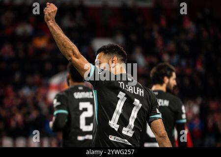 Girona, Espagne. 10 dicembre 2024. Mohamed SALAH del Liverpool celebra il suo gol durante la partita di calcio UEFA Champions League, fase MD6 tra Girona FC e Liverpool FC il 10 dicembre 2024 allo stadio Montilivi di Girona, Spagna - foto Matthieu Mirville (J Garcia)/DPPI Credit: DPPI Media/Alamy Live News Foto Stock