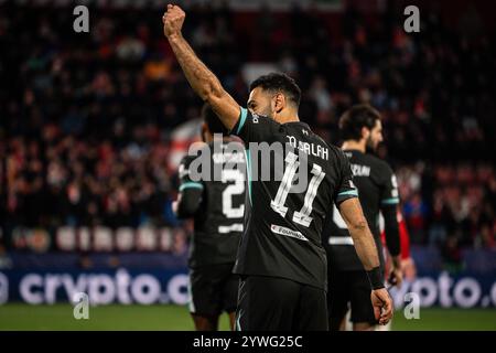 Girona, Espagne. 10 dicembre 2024. Mohamed SALAH del Liverpool celebra il suo gol durante la partita di calcio UEFA Champions League, fase MD6 tra Girona FC e Liverpool FC il 10 dicembre 2024 allo stadio Montilivi di Girona, Spagna - foto Matthieu Mirville (J Garcia)/DPPI Credit: DPPI Media/Alamy Live News Foto Stock