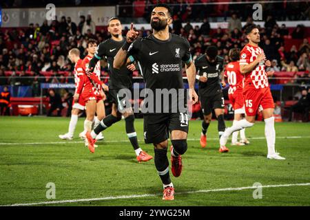 Girona, Espagne. 10 dicembre 2024. Mohamed SALAH del Liverpool celebra il suo gol durante la partita di calcio UEFA Champions League, fase MD6 tra Girona FC e Liverpool FC il 10 dicembre 2024 allo stadio Montilivi di Girona, Spagna - foto Matthieu Mirville (S Ros)/DPPI Credit: DPPI Media/Alamy Live News Foto Stock