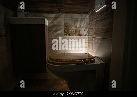 Ciotola in ceramica bianca con sedile in legno in un bagno contemporaneo caratterizzato da eleganti piastrelle marroni e illuminazione calda e soffusa. Foto Stock