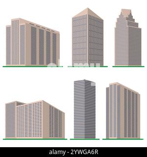 Si compone di sei alti e moderni edifici su sfondo bianco. Vista dell'edificio dal basso. Illustrazione vettoriale isometrica. Illustrazione Vettoriale