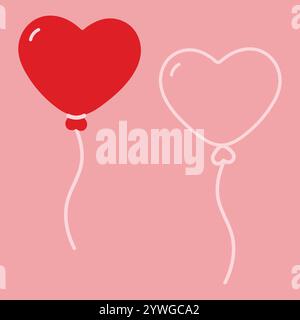 Palloncini a forma di cuore stilizzati su corda su sfondo rosa. Set idea elementi di design per San Valentino 2. Illustrazione Vector isolata biglietto di auguri di San Valentino o del giorno bianco, pubblicazione o promozione Web, opuscolo Illustrazione Vettoriale