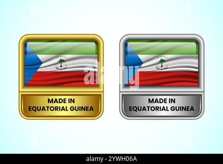 Icona di etichetta Made in Equatorial Guinea in oro e argento. Icona flag impostata per l'azienda Illustrazione Vettoriale