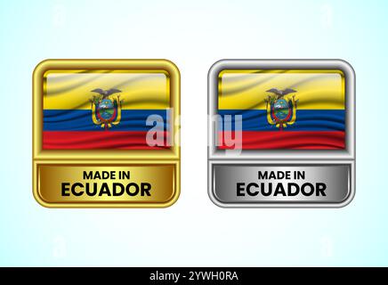Icona dell'etichetta Made in Ecuador nei colori oro e argento. Icona flag impostata per l'azienda Illustrazione Vettoriale