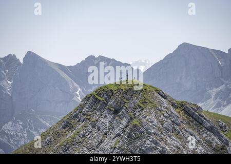 Alpinista su una vetta con croce sommitale, cima del Vorderunnuetz, cime rocciose del Rofan sullo sfondo, Alpi Brandenberg, Tirolo, Au Foto Stock