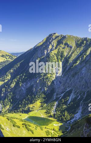 Gaisalpsee inferiore, dietro di esso l'Entschenkopf (2043 m), le Alpi Allgaeu, Allgaeu, Baviera Foto Stock
