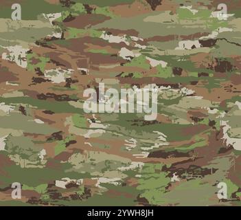 Motivo camouflage militare senza cuciture caratterizzato da un mix di toni terrosi come il verde scuro, il cachi e il marrone, progettato per fondersi in un ambiente naturale. Illustrazione Vettoriale