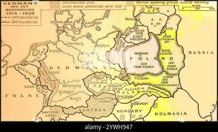 Una vecchia mappa che mostra la Germania e i vicini con confini e date create 1914-1939 - Eine alte Karte von Deutschland und seinen Nachbarn mit Grenzen und Daten, erstellt 1914-1939 - Foto Stock