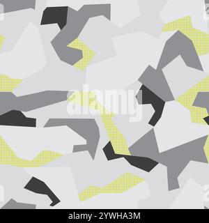 Motivo camouflage urbano senza cuciture. Combinazione di forme poligonali in bianco come colore dominante, con alcune forme caratterizzate da una trama a X gialla Illustrazione Vettoriale