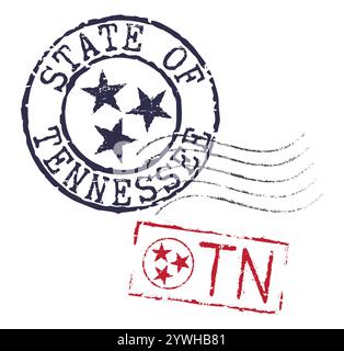 Timbri postali codice postale DELLO STATO DEL TENNESSEE e TN, insieme al simbolo dello stato a tre stelle. Sigilli retrò per buste lettera, biglietti di auguri, pas Illustrazione Vettoriale