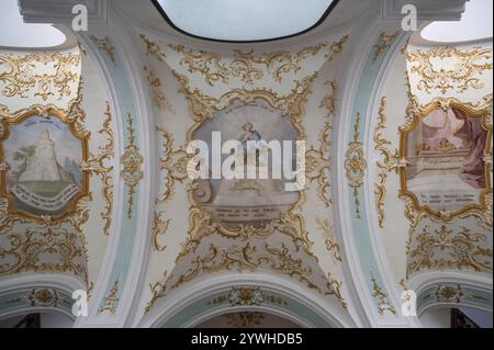 Volta rococò con pittura a soffitto, basilica di pellegrinaggio di Maria Bruennlein in stile rococò costruita tra il 1748 e il 1782, Wemding, Svevia Baviera, Germania Foto Stock