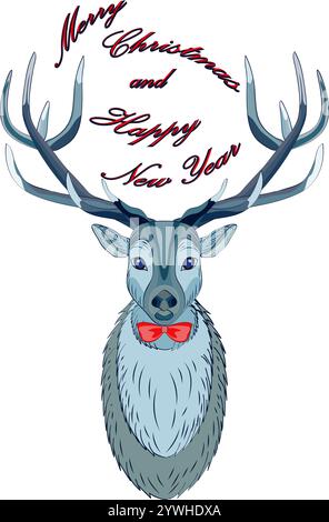 Buon Natale e Capodanno. Testa di cervo con farfalla con cravatta in stile cartoni animati. Illustrazione vettoriale Illustrazione Vettoriale