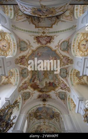 Volte con dipinti a soffitto nella basilica di pellegrinaggio di Maria Bruennlein in stile rococò costruita tra il 1748 e il 1782, Wemding, Svevia, Baviera, tedesco Foto Stock