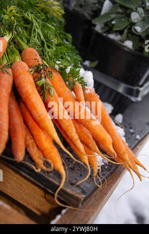 Barrow Street, Much Wenlock, Shropshire, Regno Unito, 09-12-2017. Carote in vendita in un micro-mercato locale dopo la tempesta Caroline. Foto Stock