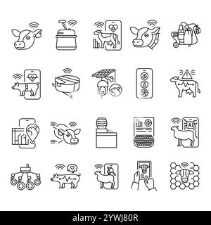 Set di icone della linea nera Smart Animal Farm. Elemento isolato vettoriale. Traccia modificabile. Illustrazione Vettoriale