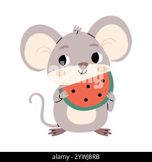 Un topo carino regge un pezzo di anguria. Freschezza estiva. Graziosa illustrazione per stampe alla moda, biglietti d'auguri, decorazioni per camerette. Illustrazione Vettoriale