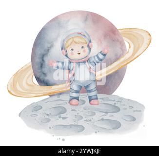 Illustrazione ad acquerello di un bambino cosmonauta in piedi su una luna sullo sfondo di un pianeta pastello. Disegno dell'astronauta per l'arte del vivaio, biglietti di compleanno, inviti per la doccia dei bambini o design per bambini. Foto Stock