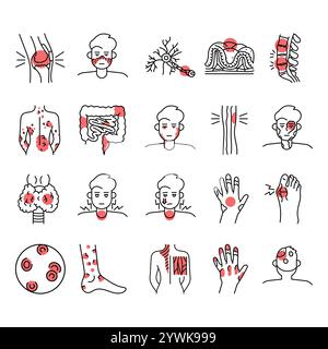 Set di icone delle linee di colore delle malattie autoimmuni. Elemento isolato vettoriale. Traccia modificabile. Illustrazione Vettoriale