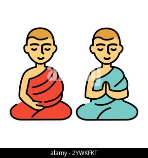Icona della linea buddista. Accappatoi seduti in meditazione. Elemento isolato vettoriale. Traccia modificabile. Illustrazione Vettoriale