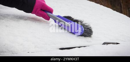 Utilizzare la spazzola manualmente e rimuovere la neve dalla vettura e dal parabrezza. Problemi invernali nel trasporto Foto Stock