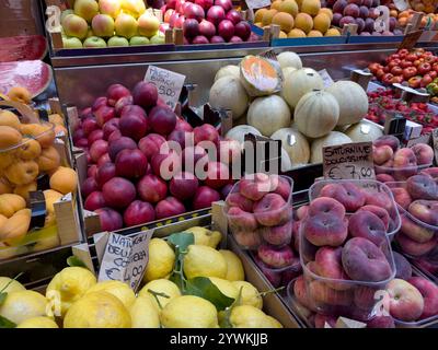 Viene esposta una varietà di frutta e verdura fresca, per la vendita in contenitori di produzione in Europa. Foto Stock