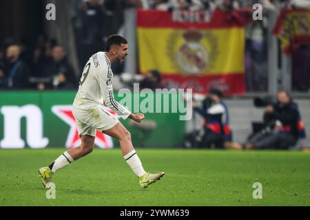 Bergamo, Italia. 10 dicembre 2024. Dani Ceballos del Real Madrid CF celebra la partita di calcio della fase di UEFA Champions League 2024/25 tra l'Atalanta BC e il Real Madrid CF. Crediti: Nicolò campo/Alamy Live News Foto Stock