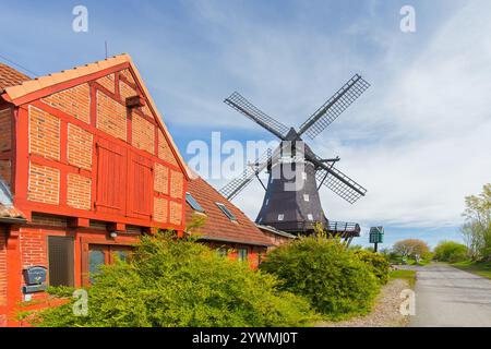 Museo dei mulini a vento nel vecchio mulino Jachen Flünk nel villaggio di Lemkenhafen sull'isola di Fehmarn, distretto di Ostholstein, Schleswig-Holstein, Germania Foto Stock