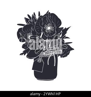 Silhouette nera del fiore di orchidea isolata su bianco Illustrazione Vettoriale