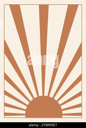 Sole marrone con illustrazione estetica dei raggi solari. Poster con il sole, l'alba o il tramonto. Sfondo a tema estivo Preppy. Illustrazione piatta vettoriale moderna Illustrazione Vettoriale