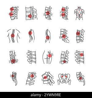 Malattie del set di icone della linea di colore della colonna vertebrale. Vertebrologia. Elemento isolato vettoriale. Traccia modificabile. Illustrazione Vettoriale