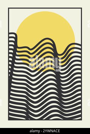 Sole giallo con sfondo a raggi ondulati. Poster con il sole, l'alba o il tramonto. Sfondo a tema estivo Preppy. Stampa psichedelica moderna. Piatto vettoriale i Illustrazione Vettoriale