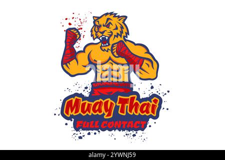 Modello vettoriale logo sportivo per club di combattimento con tigre muscolosa arrabbiata. Logo Vector sport con tigre per il club Muay Thai. Illustrazione Vettoriale