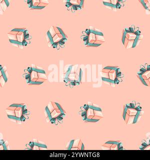Scatole regalo con nastri e fiocchi in colori coralli e turchesi su sfondo rosa. Illustrazione ad acquerello, disegnata a mano. Motivo senza cuciture per Foto Stock