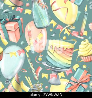 Luminoso, allegro, festoso, motivo senza cuciture con champagne, torta, regali, palloncini e confetti, bandiere. Acquerello illustrazione dal COMPLEANNO FELICE Foto Stock