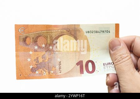 banconota da 10 euro in primo piano. Soldi finanziari. Banconote dell'Unione europea. banconote da 10 euro su sfondo bianco. Soldi europei. Copia sp Foto Stock