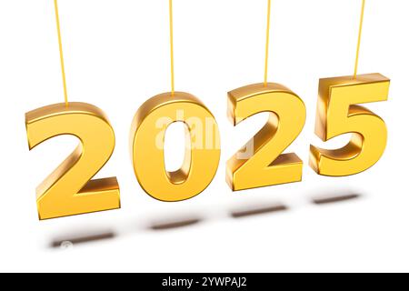 Numero 2025 isolato su bianco. Idee per le vacanze di Capodanno in colore dorato Foto Stock