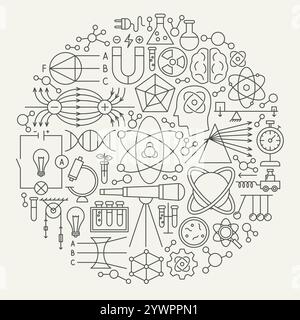 Cerchio delle icone della linea di scienze nucleari Illustrazione Vettoriale