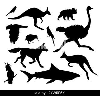 Set vettoriale di animali selvatici australiani neri silhouette isolata su sfondo bianco Illustrazione Vettoriale