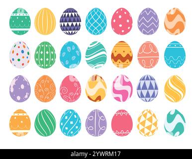 Design del set di disegni della clipart piatta delle uova di Pasqua. Colorate creazioni a forma di uovo con motivo a forma di doodle per decorare la caccia all'uovo cristiana Illustrazione Vettoriale