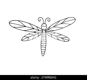 Disegnare a mano il doodle disegnato a mano disegnato a mano, dragonfly nera isolata su sfondo bianco Illustrazione Vettoriale