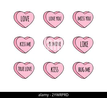 Set vettoriale disegnato a mano di caramelle a cuore dolce rosa isolate su sfondo bianco. Pacchetto di dolci di testo per la conversazione dei cartoni animati per le valentine Illustrazione Vettoriale